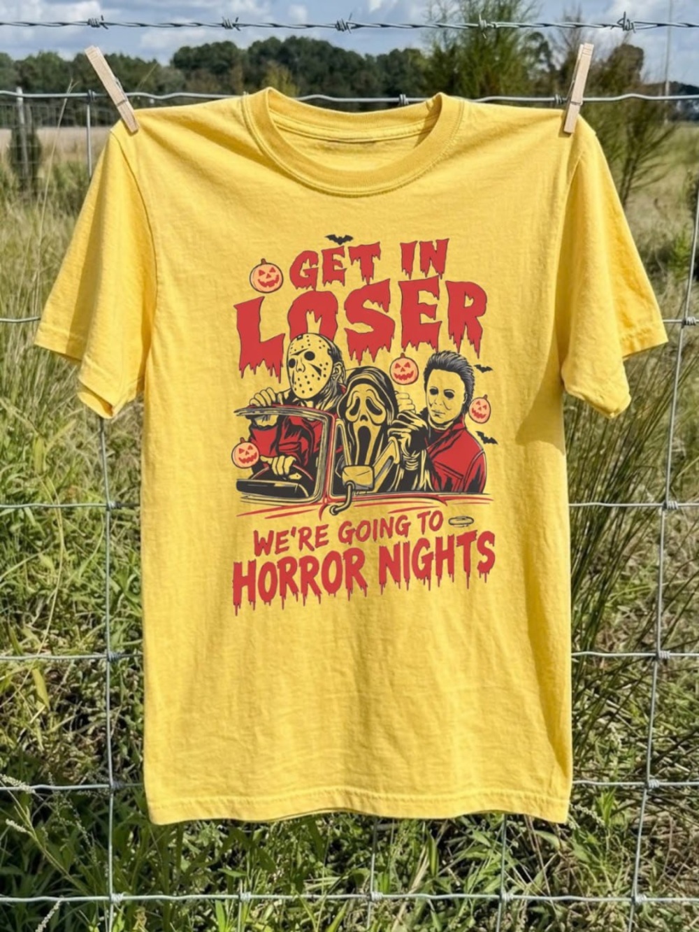 "Get In Loser" Yellow Halloween Horror Nights Graphic Tee